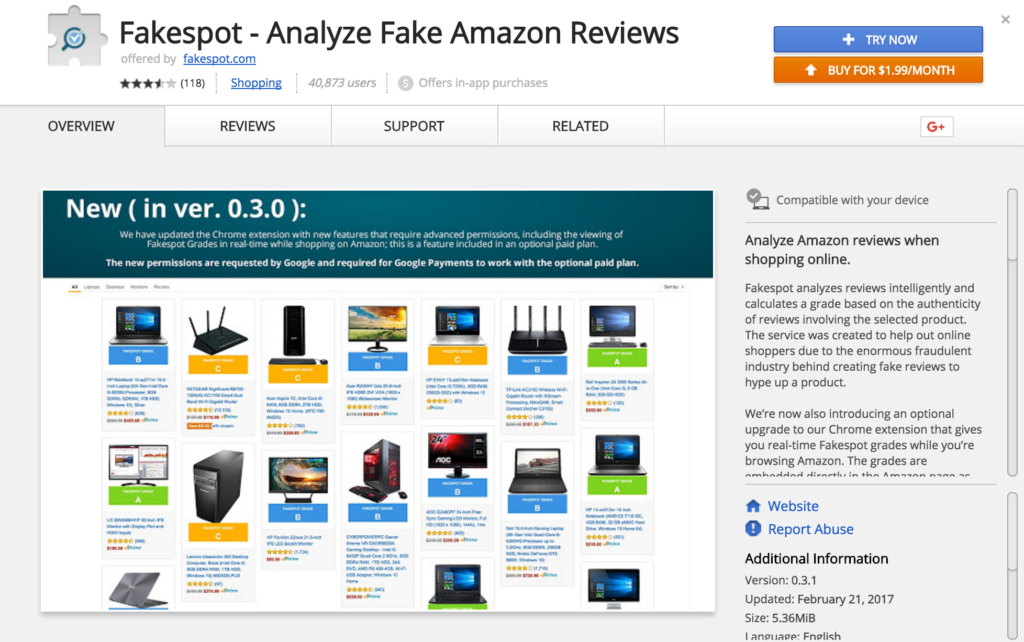 FakeSpot Chrome Extension Screenshot